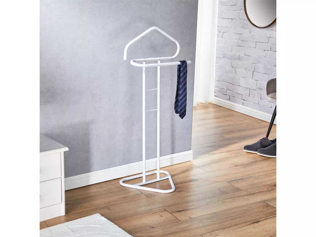 Valet de chambre valet de nuit CAMILO chevalet de nuit avec cintre pour veste et portant pour pantalons, en métal laqué blanc