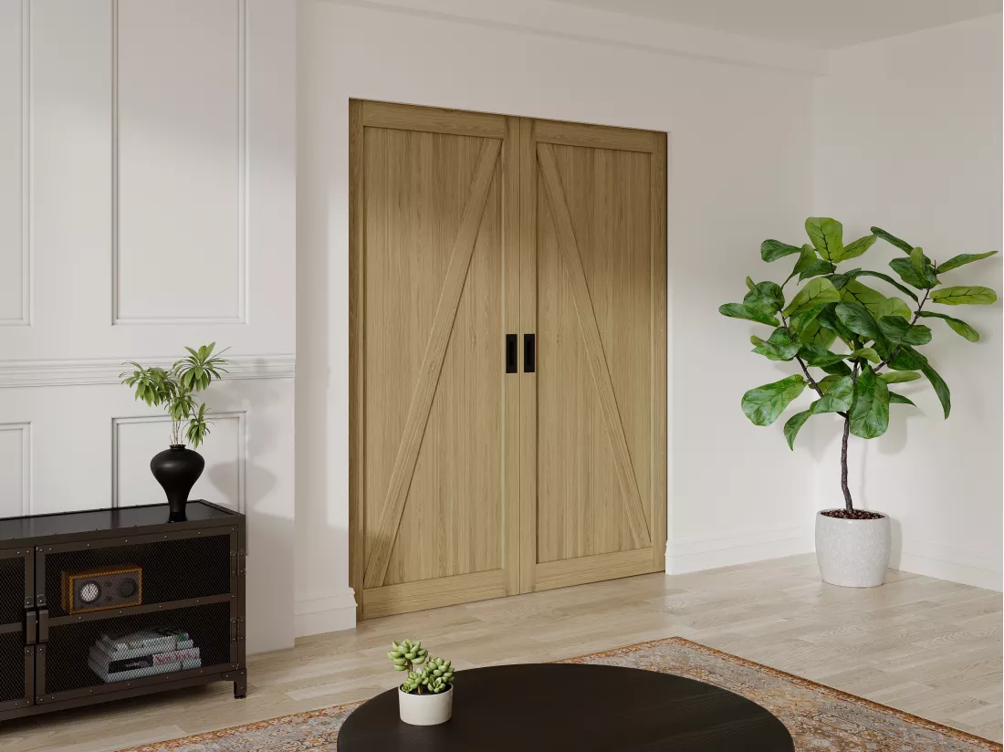Porte coulissante double avec système à galandage en bois et MDF - Naturel clair - 2 x H205 x L93 cm - BALERMA
