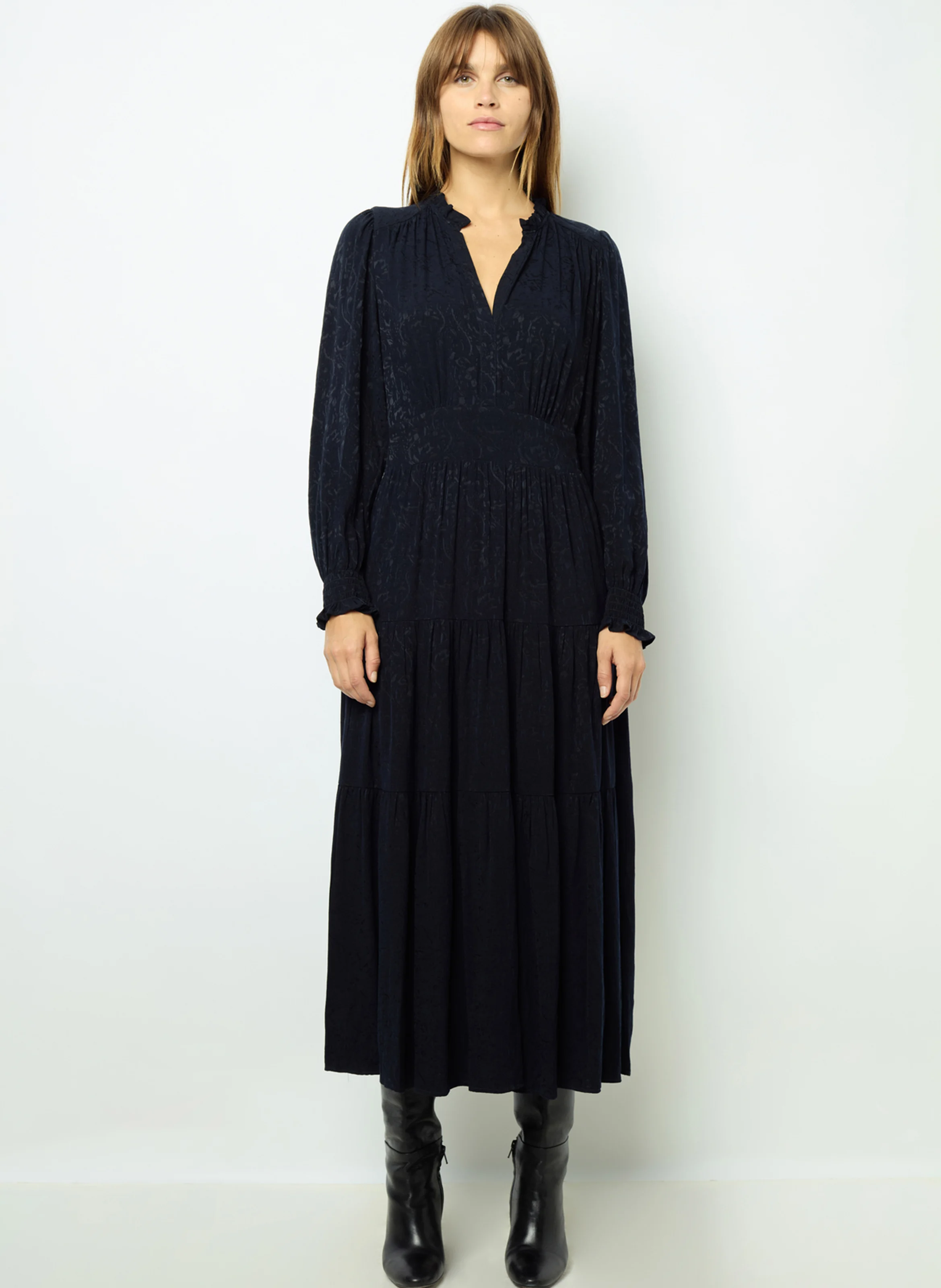 SANDRINE - Robe longue droite à col V | Bleu
