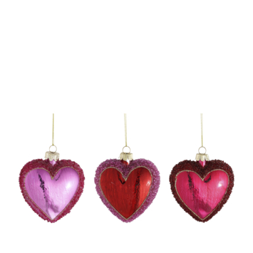 Glasfiguur kersthanger hartje divers rood roze per stuk