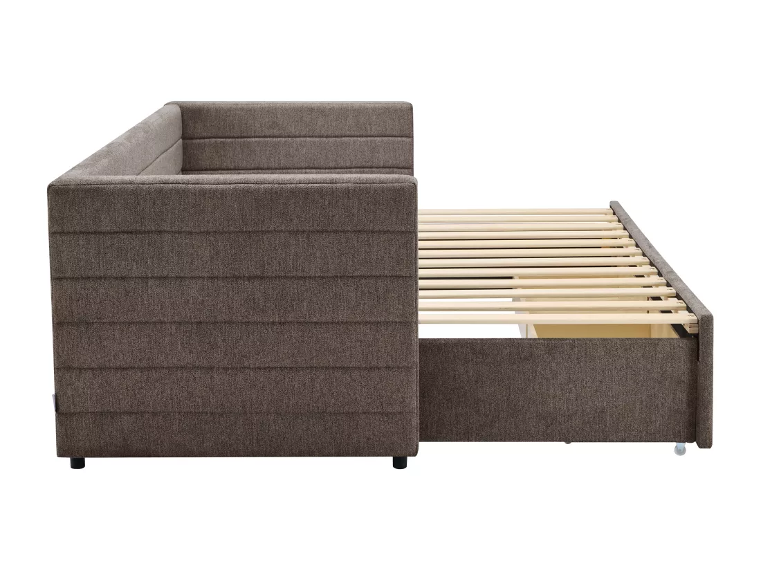 Lit gigogne 2 x 80 x 200 cm - Avec sommier peigne et tiroirs - Tissu texturé - Taupe + Matelas - CAMITY