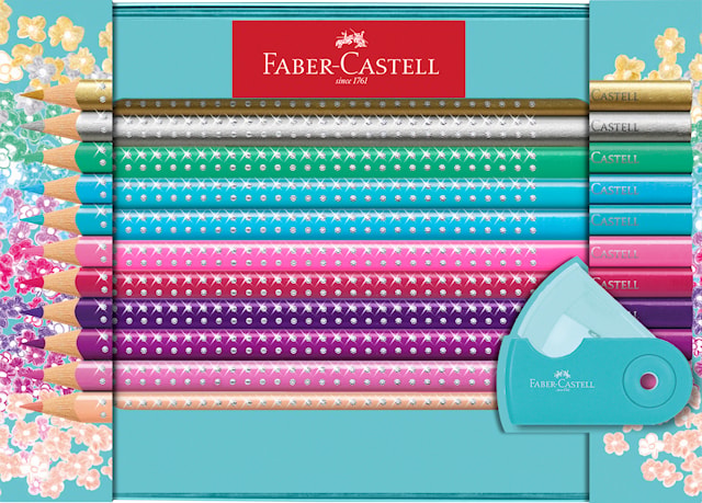 Fargeblyanter Sparkle i metalletui 20 stk. + blyantspisser Faber-Castell