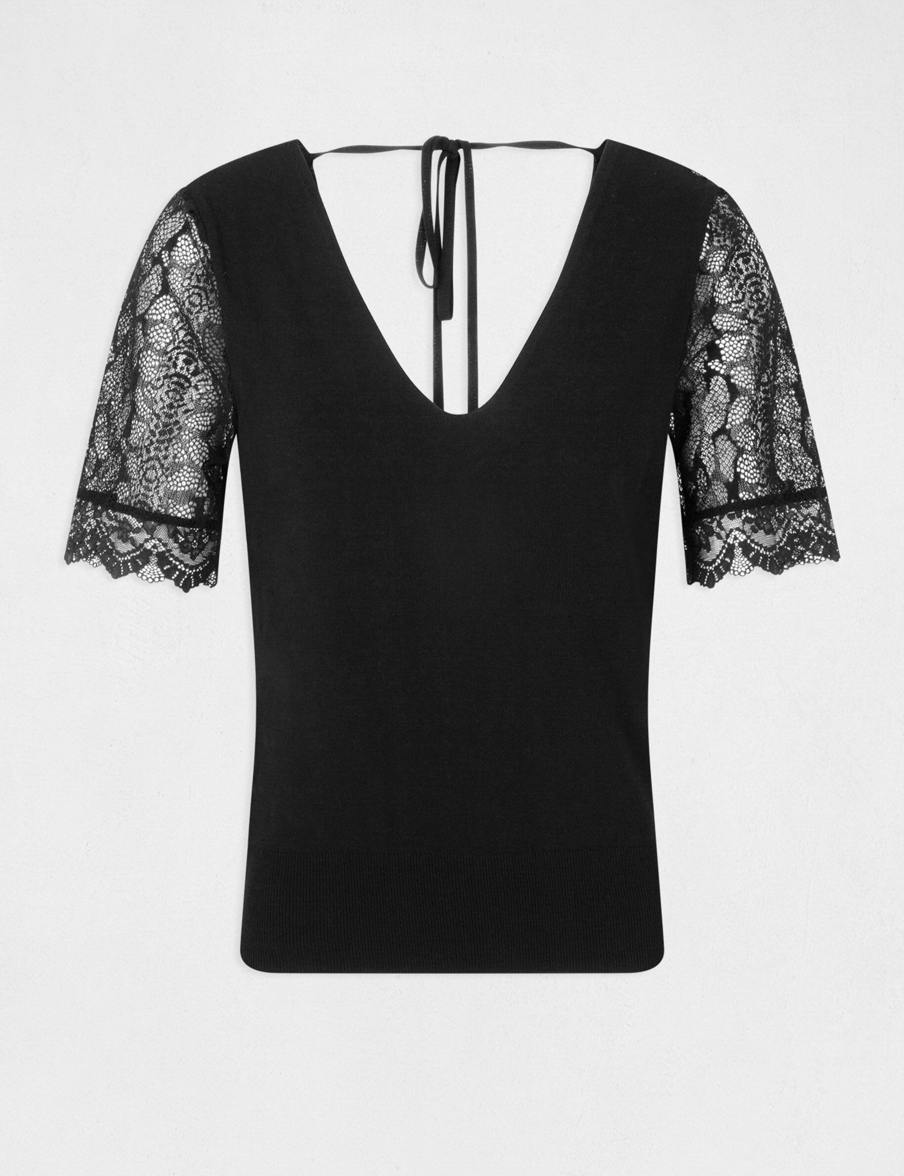 Pull manches courtes avec dentelle noir femme - noir