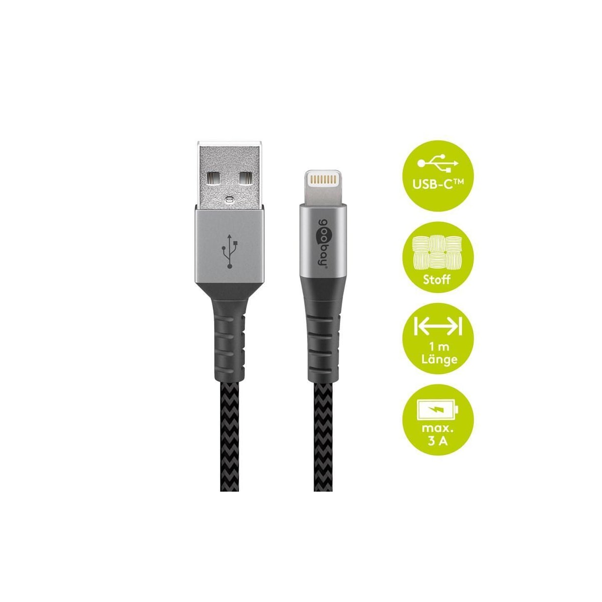 Goobay Lightning til USB-A Tekstilkabel med metallplugger (Space grå / sølv) 1 m