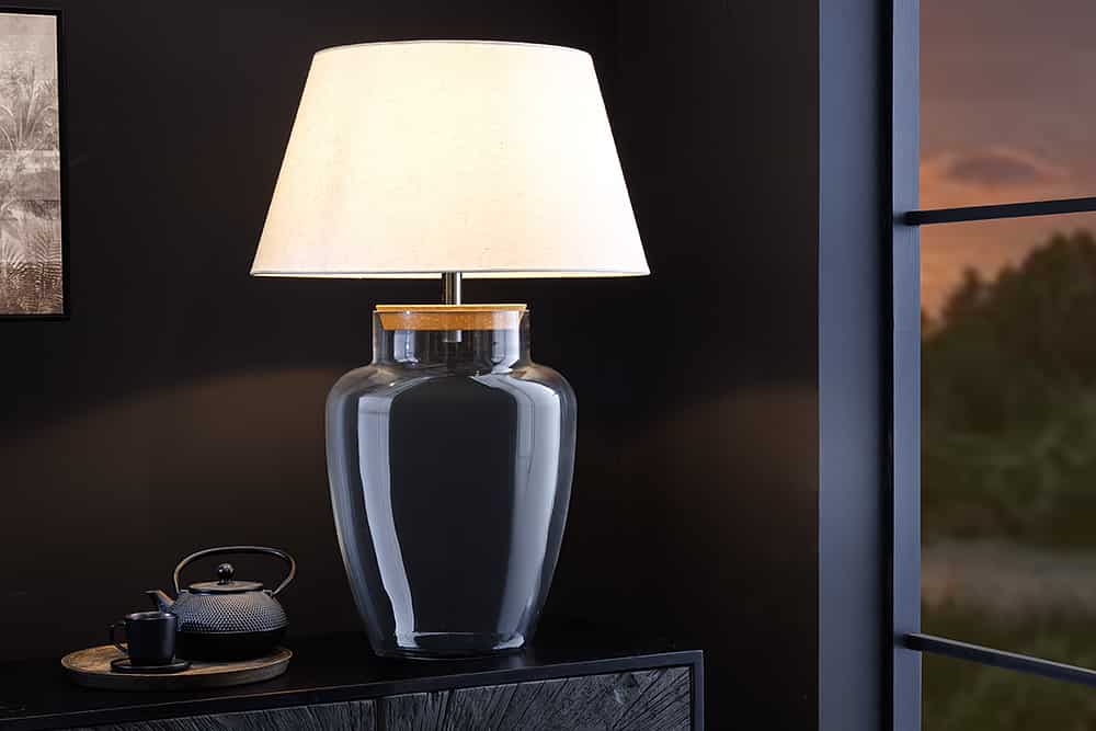 Befüllbare Tischlampe CLASSICO 75cm weiß transparent Glas mit Leinenschirm