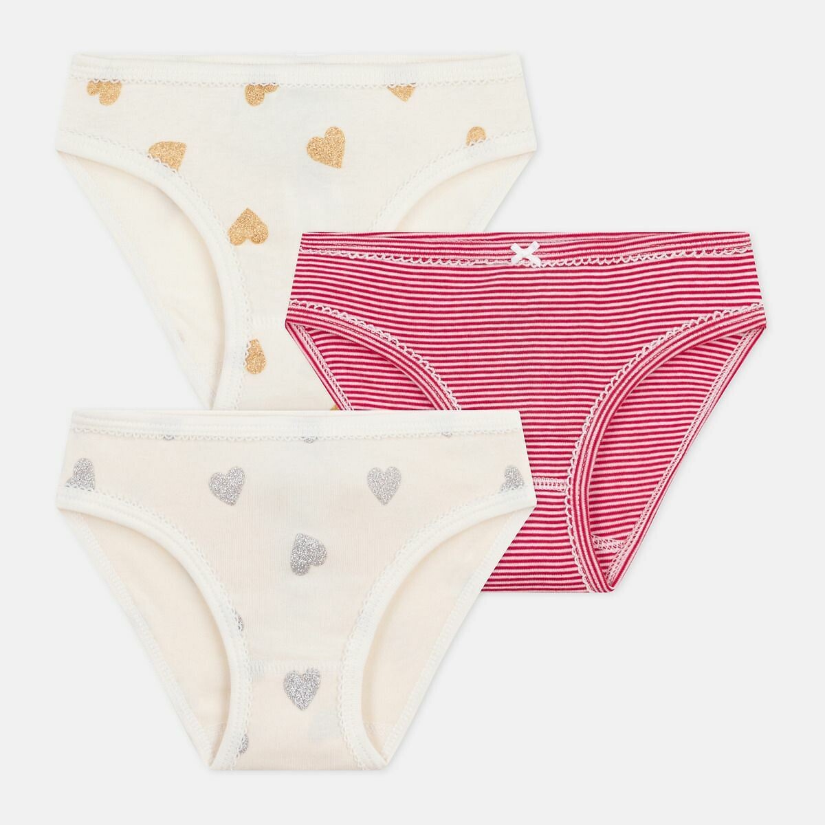 PETIT BATEAU<br>Conjunto de 3 calcinhas de algodão, com estampa de corações e listras