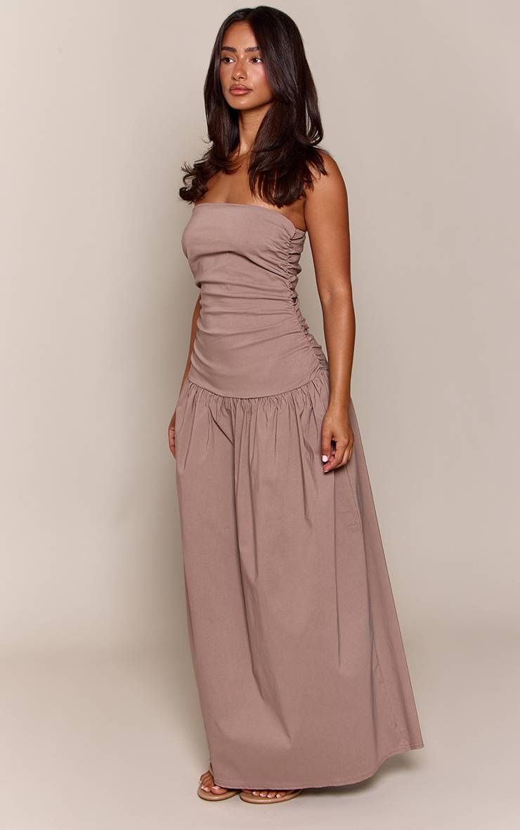 Taupe Robe Maxi Bandeau Froncée En Tissu Tissé Stretch Petite