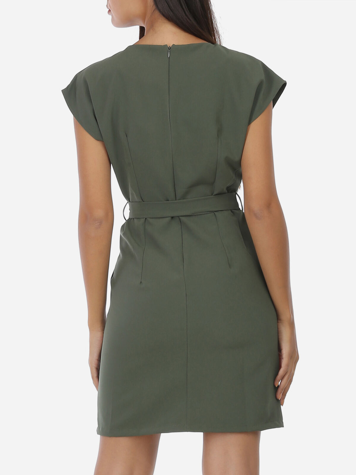 Robe ceinturée à nouer et col fendu- Kaki