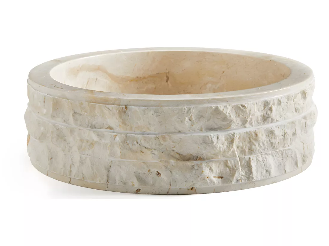 Vasque à poser / lavabo rond en marbre, coloris beige - Diamètre 40 x Hauteur 15 cm