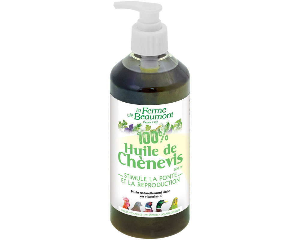 Huile de chènevis 500 ml • stimule ponte et reproduction poules et canards • soin naturel riche en vitamine e