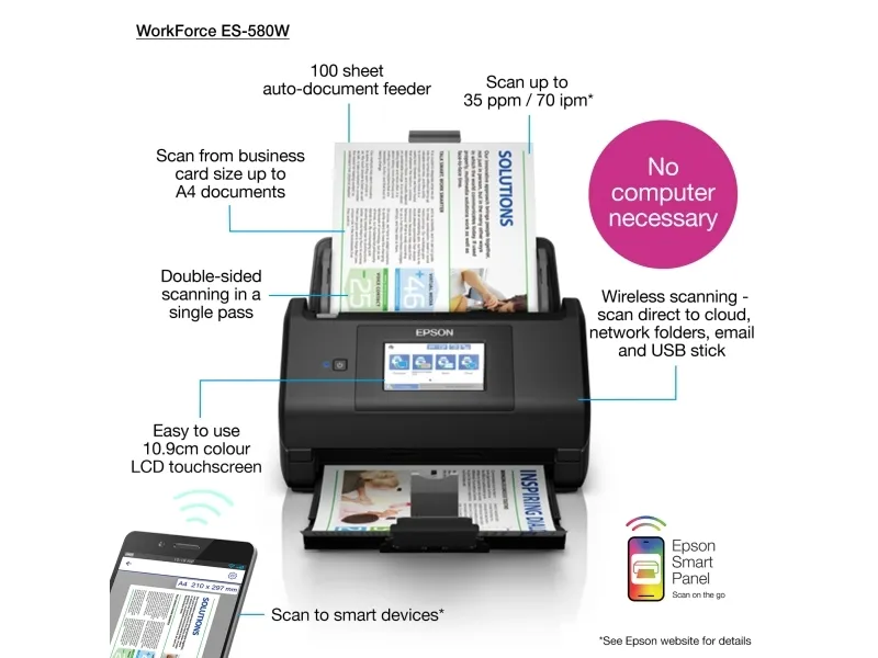 Epson WorkForce ES-580W DIN A4-Dokumentenscanner, ADF 100S.