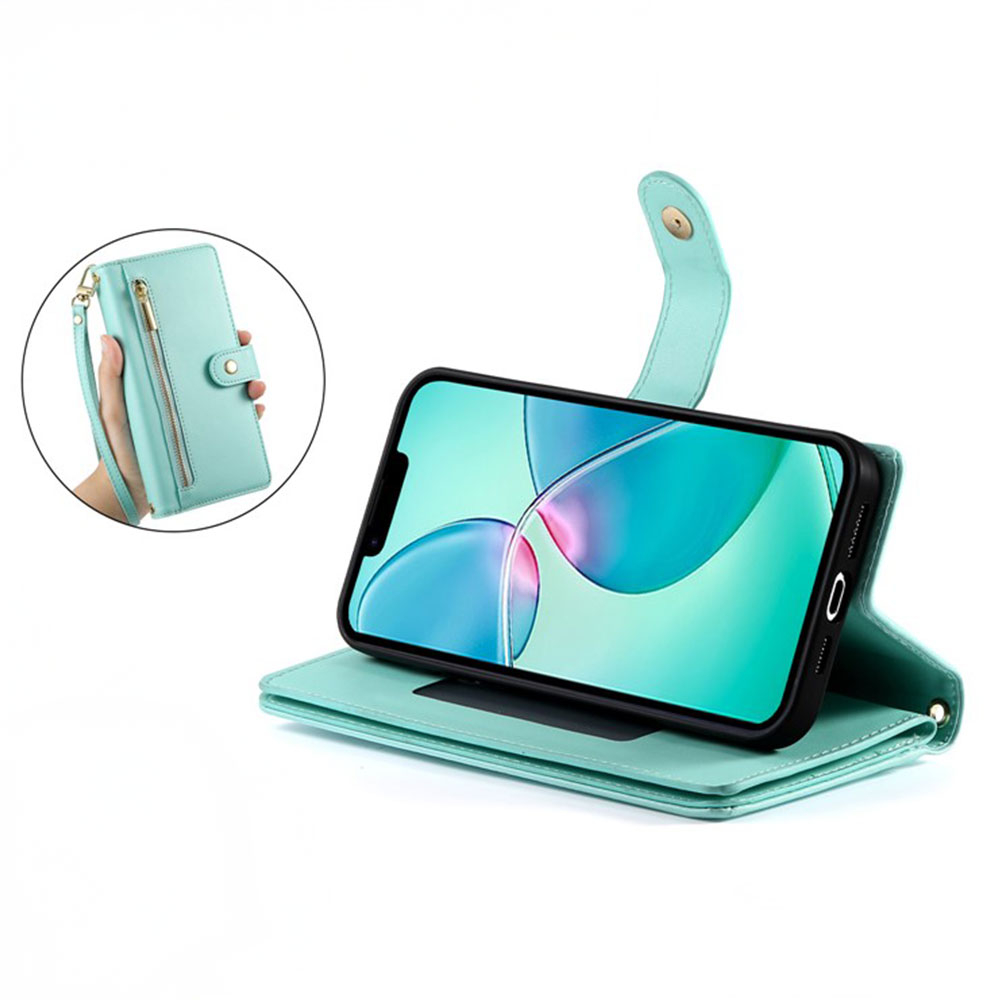 iPhone 16e Leder Tasche Flip Cover mit Reissverschluss   Handschalufe - Türkis