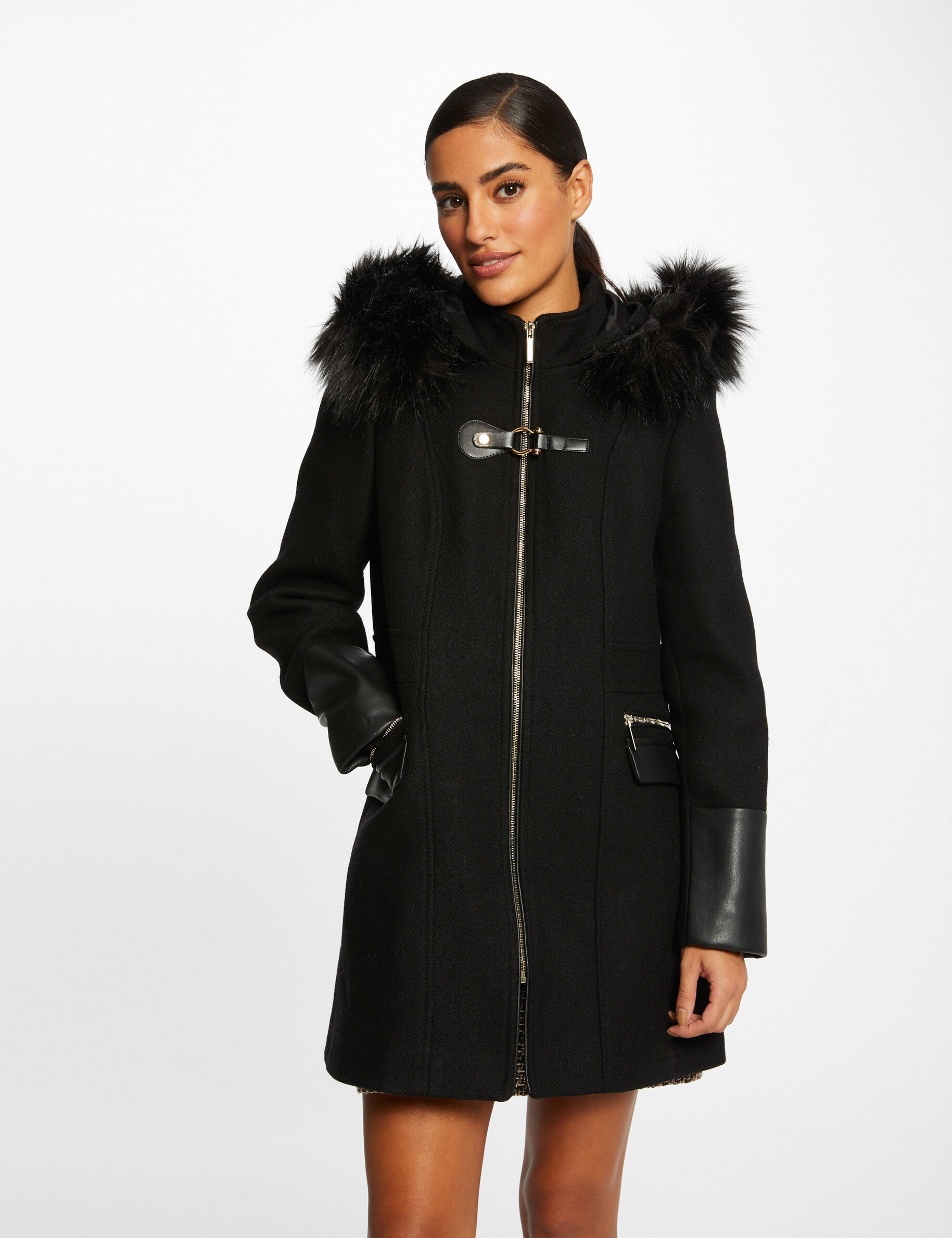 Manteau droit zippé à capuche noir femme - noir