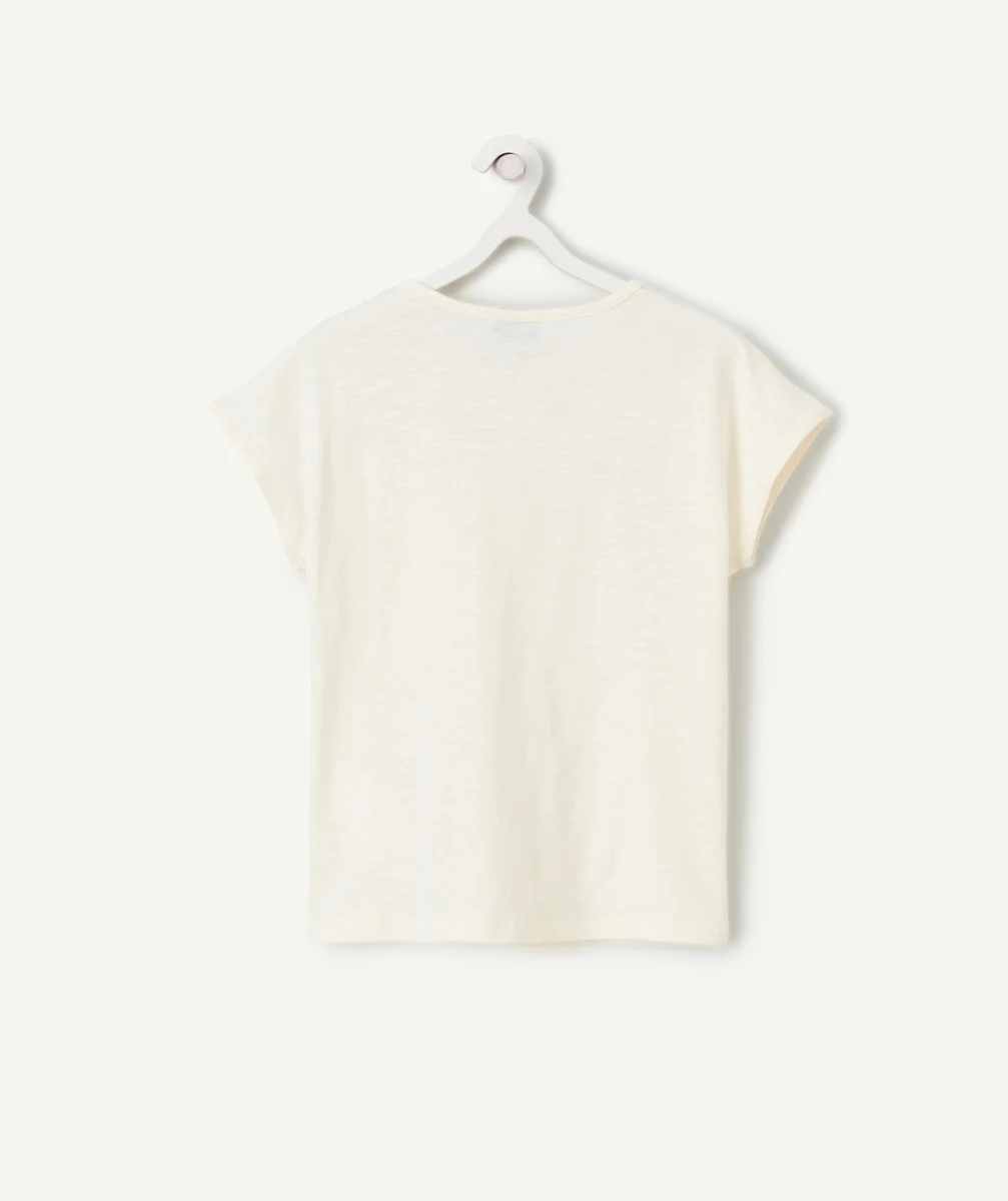 T-SHIRT FILLE EN COTON BIO ÉCRU AVEC POCHE EN CROCHET