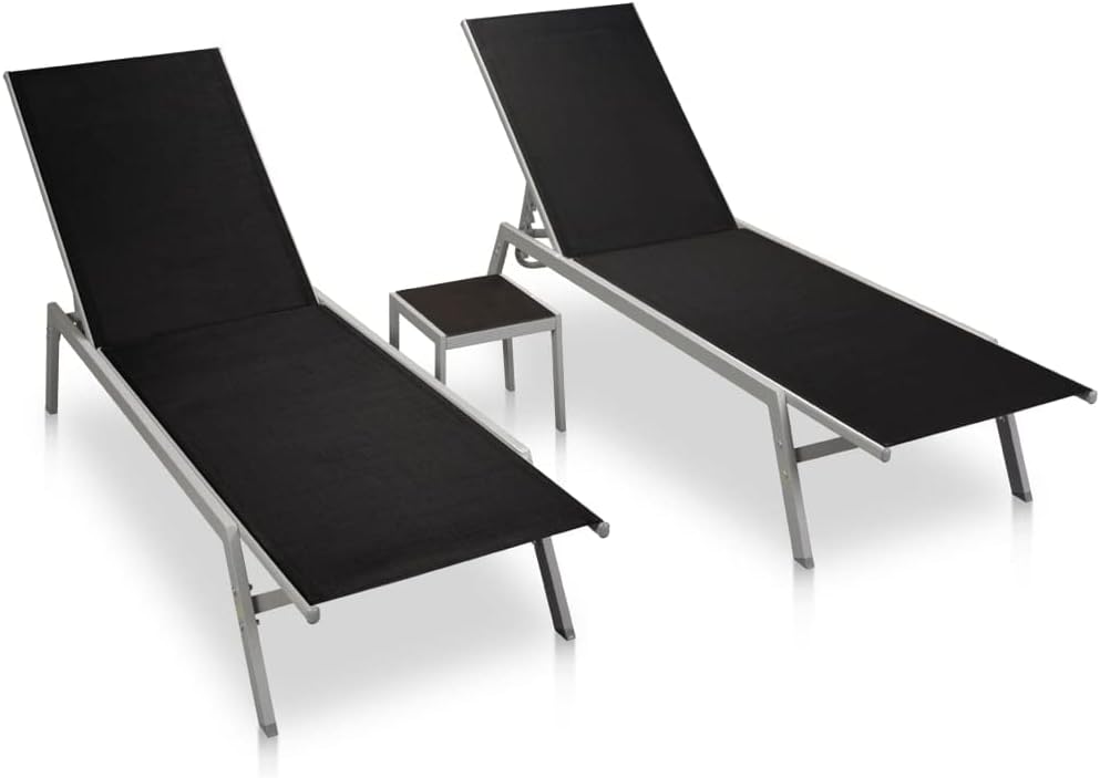 vidaXL 2X Sonnenliege mit Tisch Gartenliege Relaxliege Liege Liegestuhl Gartenmöbel Strandliege Freizeitliege Stahl Textilene Schwarz