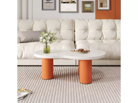 Tables basse en forme de nuage - L 99,5 x l 43-58 x H 35.5 cm - plateau en MDF peint et pieds en PVC - Blanc + orange