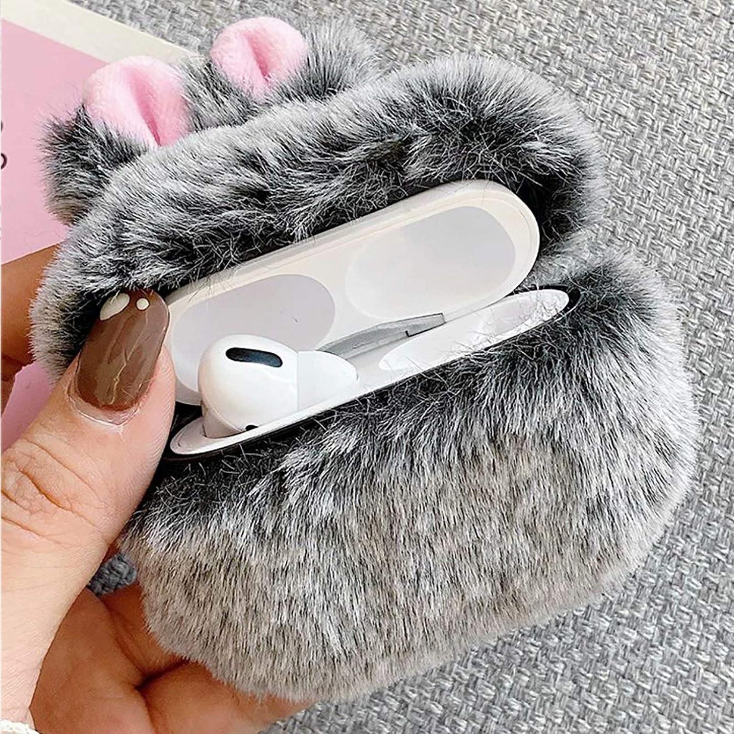 AirPods Pro 3D Gummi Plüsch Case Hülle Bunny mit Flauschigen Hasenohren - Grau