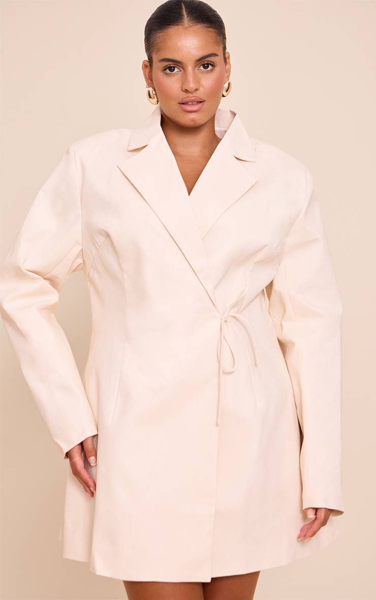 Crème Robe Blazer Grande Taille En Mélange De Lin Avec Détail Ceinture Nouée