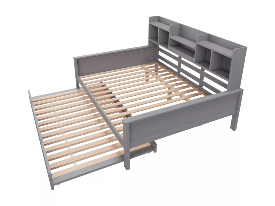 Canapé-lit gigogne 140x200 cm - Lit gigogne 90x190 cm - avec rangement - sommier à lattes - pin multi - gris (matelas non inclus)