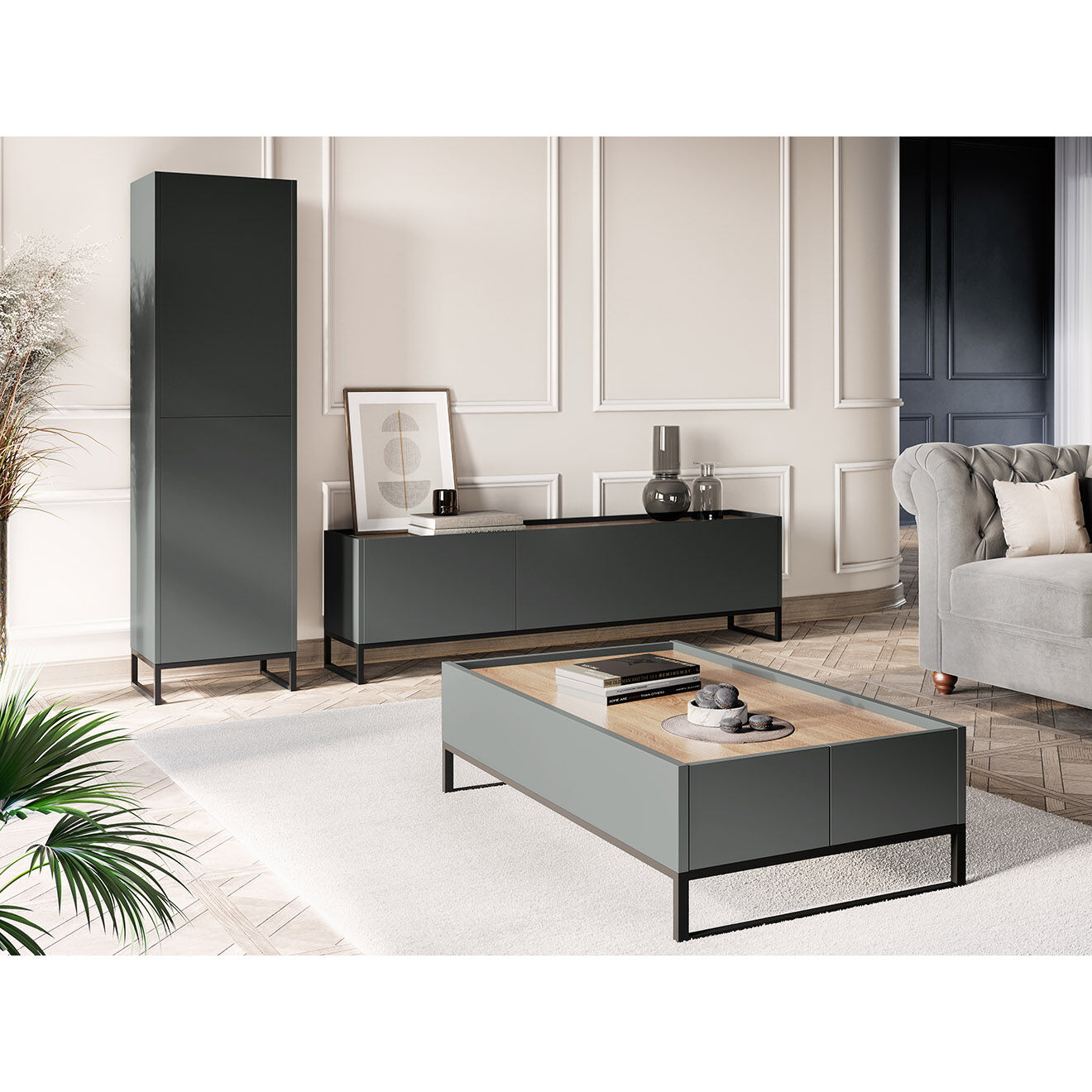 Windsor & Co Bibliothèque Colonne Helene gris/chêne naturel - 50x40x180 cm