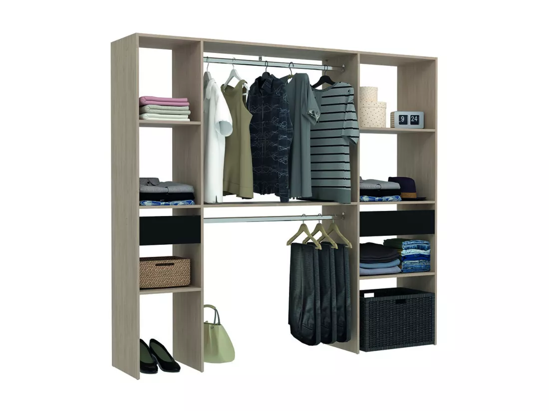 Dressing bois avec 2 penderies, 6 étagères, 2 tiroirs ELYSEE