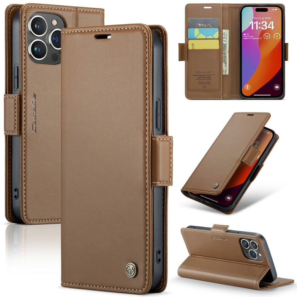 iPhone 16 Pro Leder Tasche Flip Wallet Etui mit Kartenfächern Litchi Look (RFID Schutz) - Braun