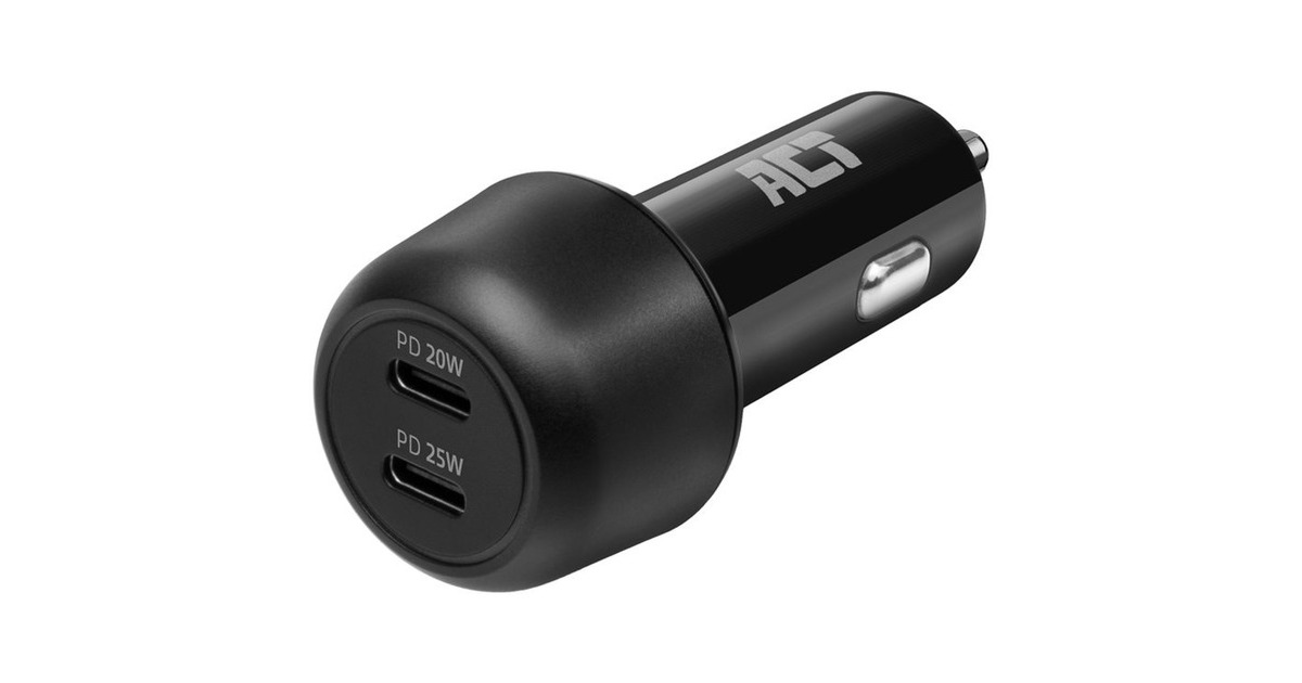 ACT Connectivity2-poorts USB-C Fast Charge Autolader 45W met Power Delivery  (Zwart)