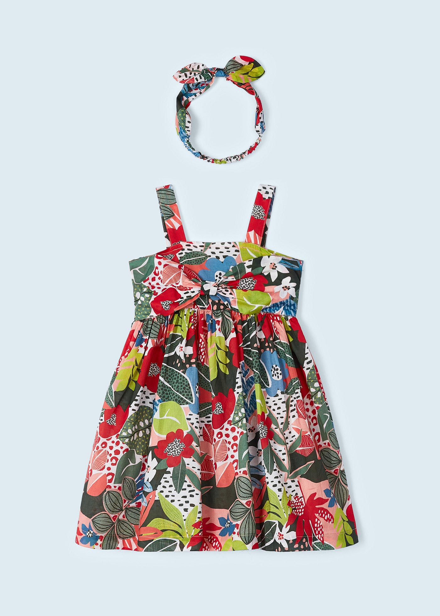 Vestido estampado com faixa de cabelo elástica de algodão para meninas
