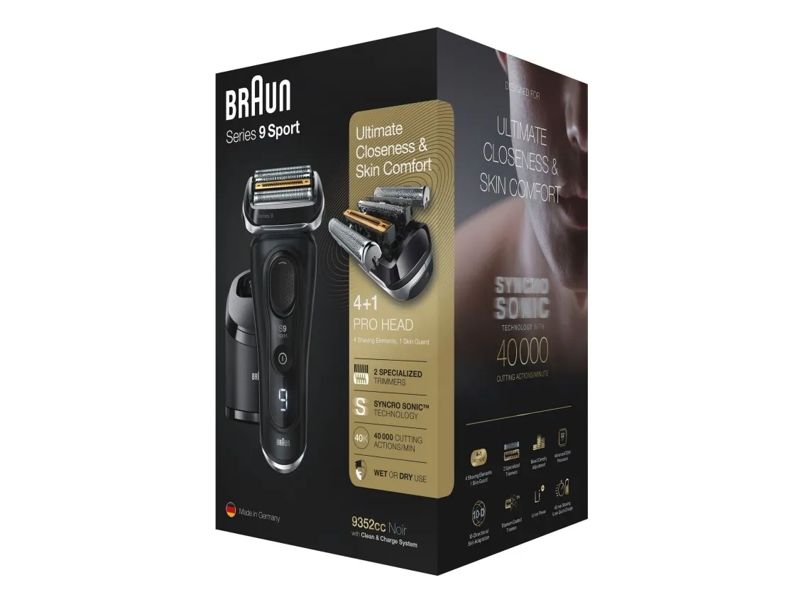 Braun Series 9 9352cc Sport, Folie shaver, Sort, Grå, Active Quattro Head, Knapper, Batteri, Lithium-Ion (Li-Ion)