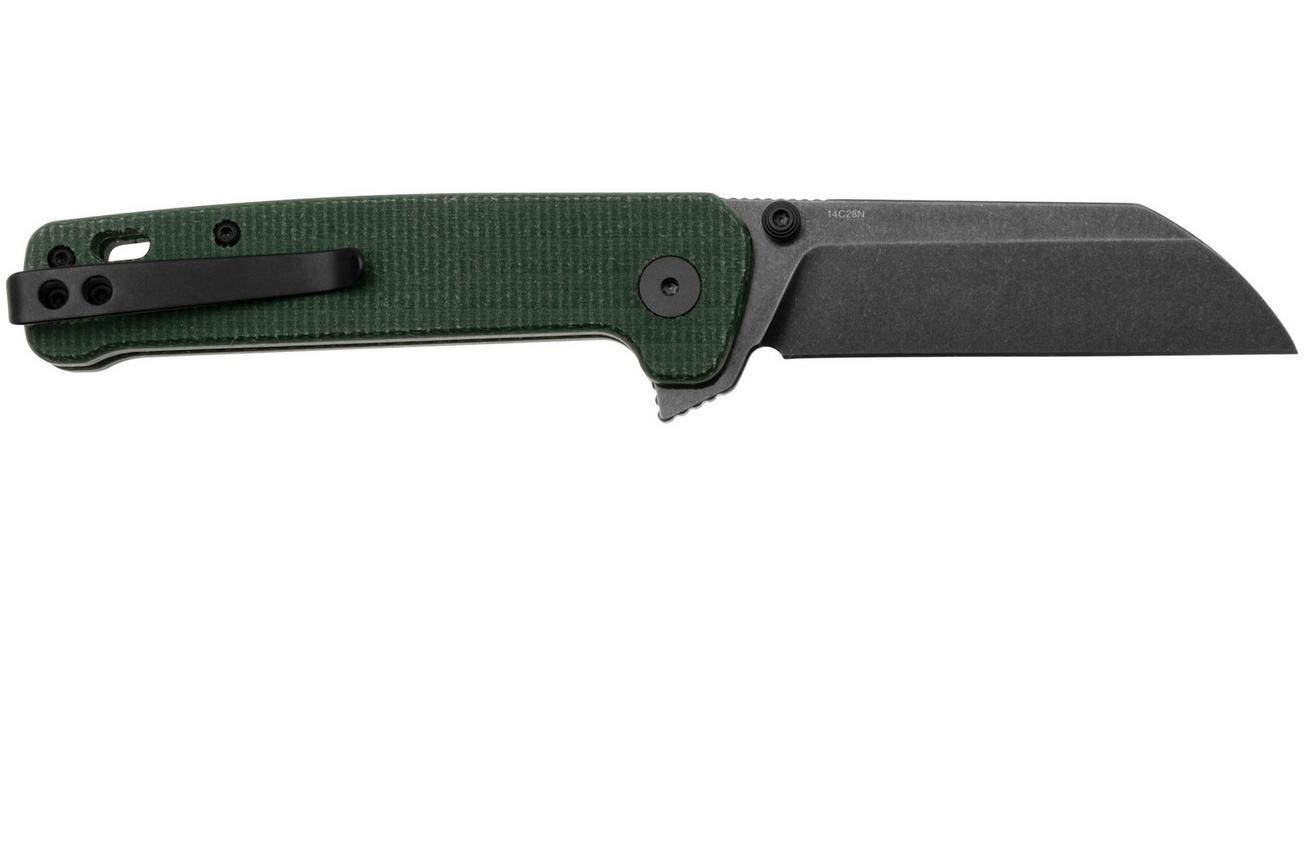 QSP Knife Penguin Button Lock QS130BL-C2 Black, Green Micarta, zakmes