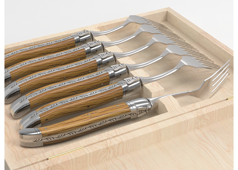 Service de 6 fourchettes Laguiole avec un manche en bois de chêne et mitres en acier inoxydable