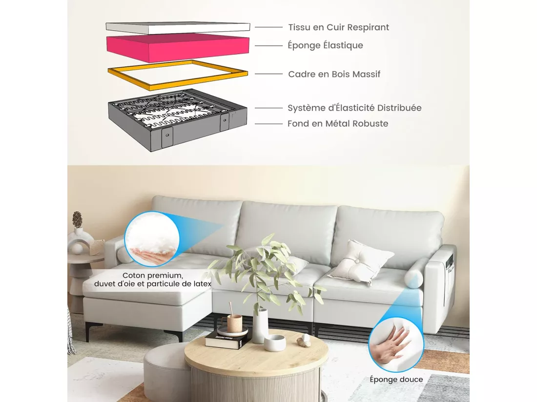 Canapé Convertible à 3 Places, Canapé d'angle en Cuir Aérien avec 2 Ports USB, Gauche ou Droite, 3 Coussins, 2 Traversins, Chaise Longue Moderne pour Salon, Bureau