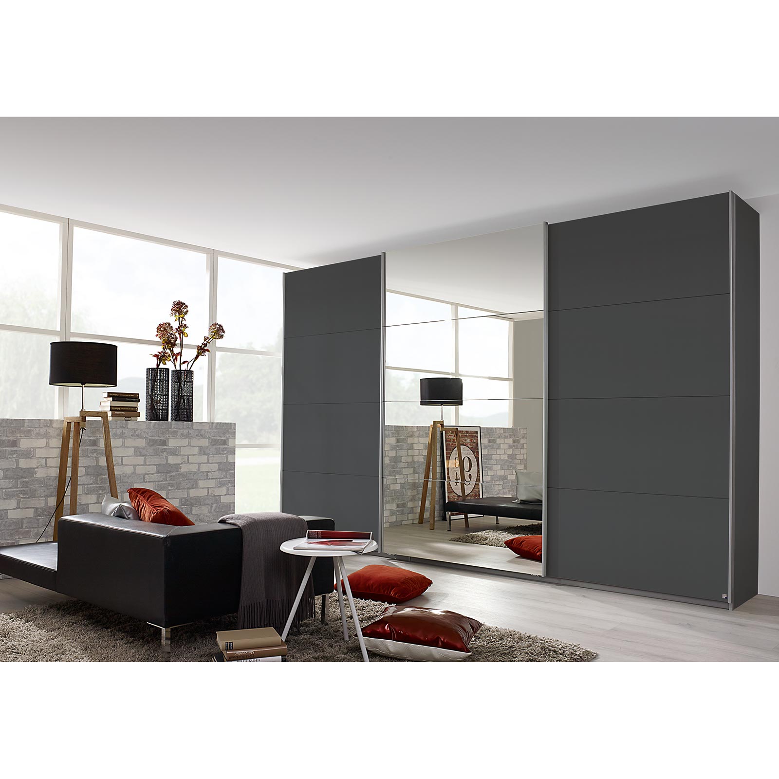 Schwebetürenschrank grau metallic - mit Spiegel - 360x229 cm