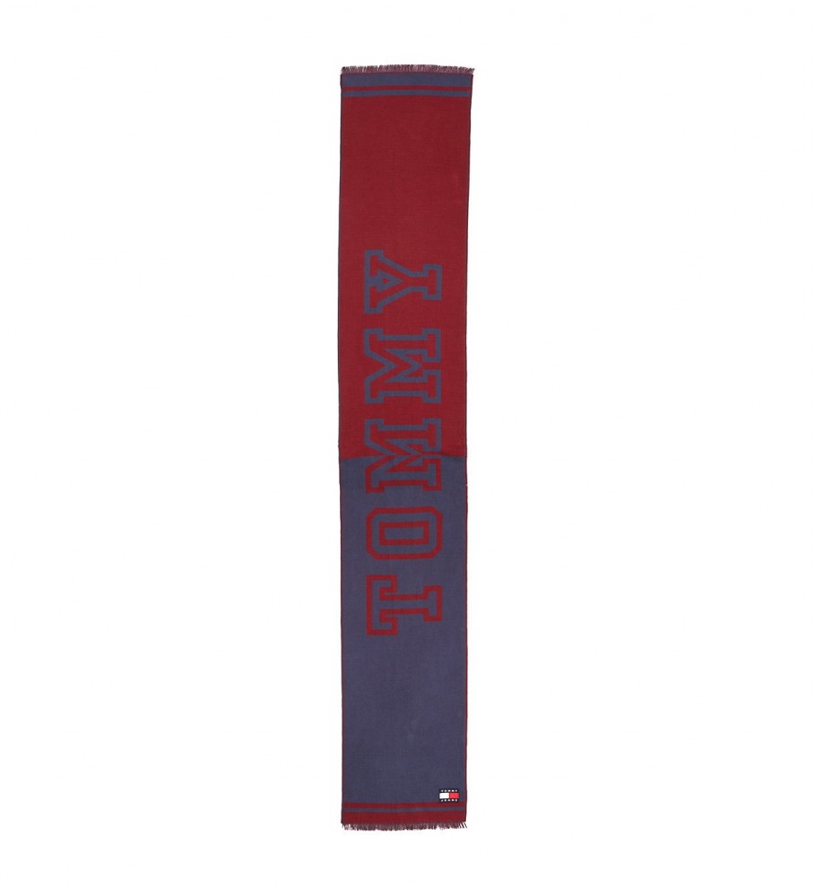 Cachecol Tommy Jeans Heritage Oversized nas cores bordô e azul marinho.