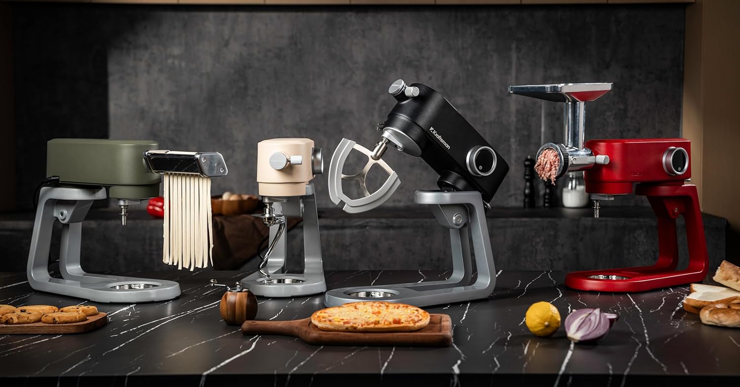 5L Vollmetall-Küchenmaschine,Pizzateig Knetmaschine,Teigmaschine mit leisem Kupfer-DC-Motor, 4 Edelstahl-Aufsätzen ohne Beschichtung und universellem Multifunktionsanschluss