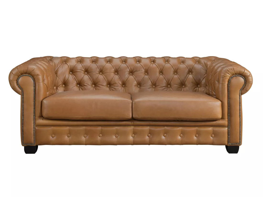 Canapé chesterfield 3 places BRENTON 100% cuir de buffle premium - Caramel vintage