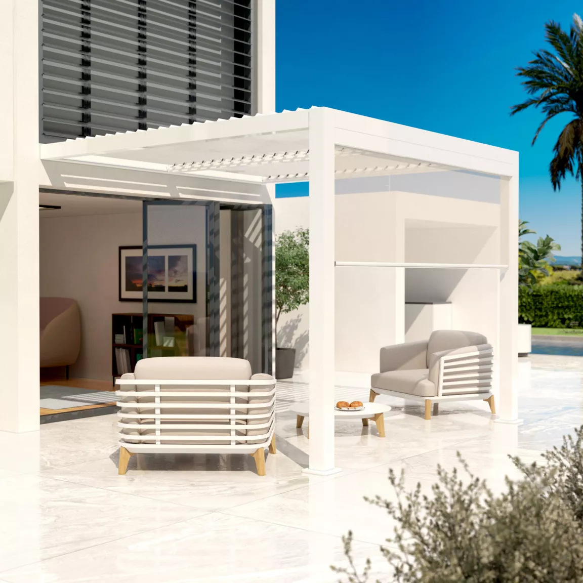 Pergola bioclimatique Adossée motorisée aluminium et LED (3 x 3 m) Blanc