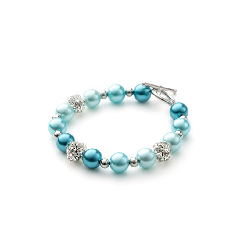Bracelet 1 Rang en Perles Bleues, Cristal et Plaqué Rhodium