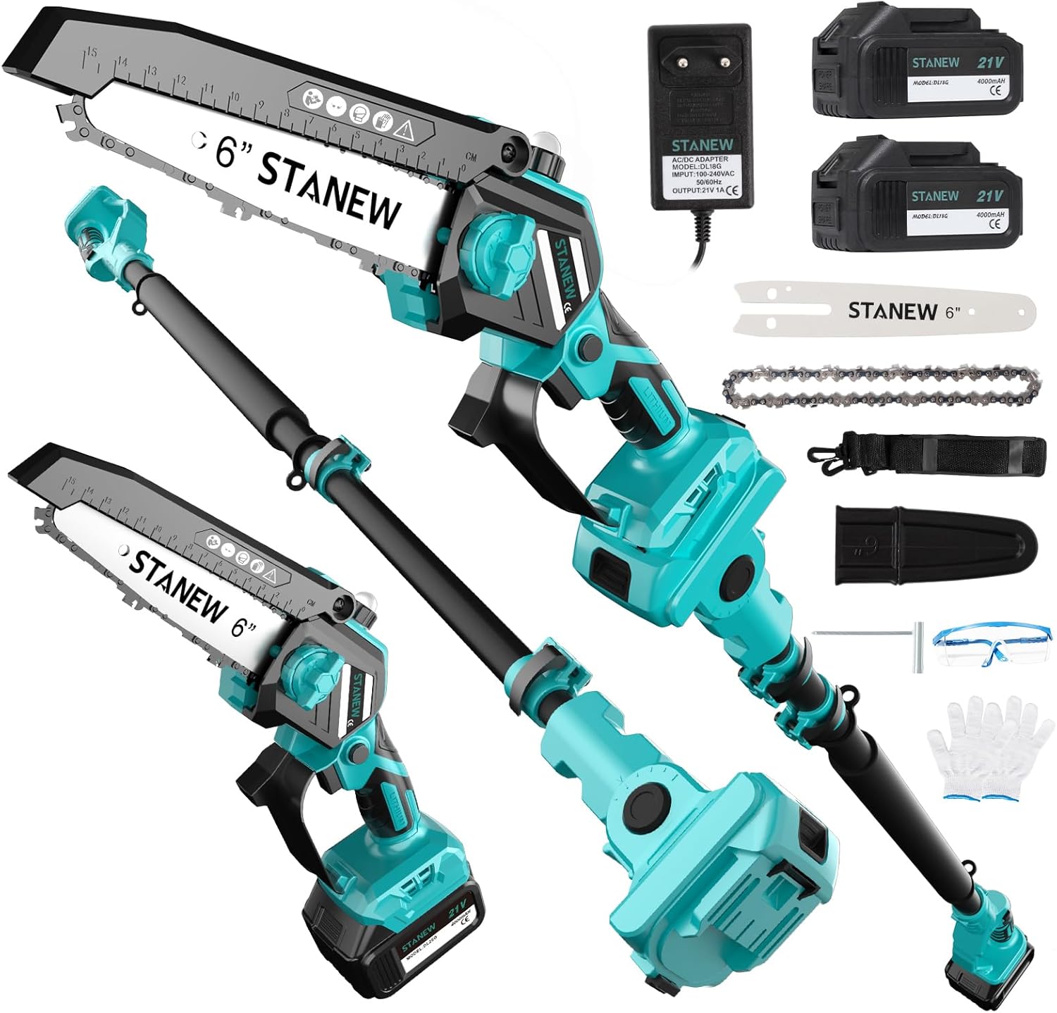 2-in-1 Teleskop Kettensäge STANEW, bürstenlose Mini-Kettensäge, mit 2 x 4000mAh Akkus, 6 Zoll, max.Arbeitshöhe 4,55 M, Multi-Winkelverstellung von 0-120°,mit LCD-Display