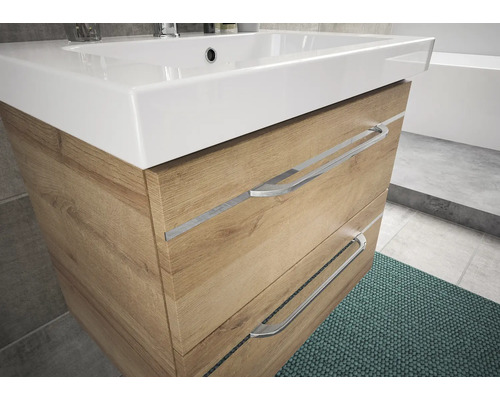 Pelipal Sunline 108 badkamermeubelset, BxHxD 100 x 200 x 46 cm, frontkleur: Riviera eiken, 4-delige badkamermeubelset met wastafel en badmeubel van wit mineraalmarmer, spiegelkast met LED-verlichting, wandkast