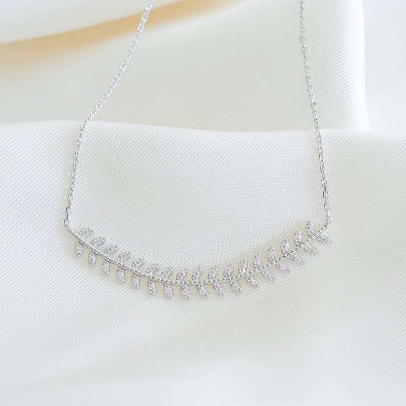 Collier Fin Argent Tendance Feuilles de Laurier Epis de Blé Zirconium