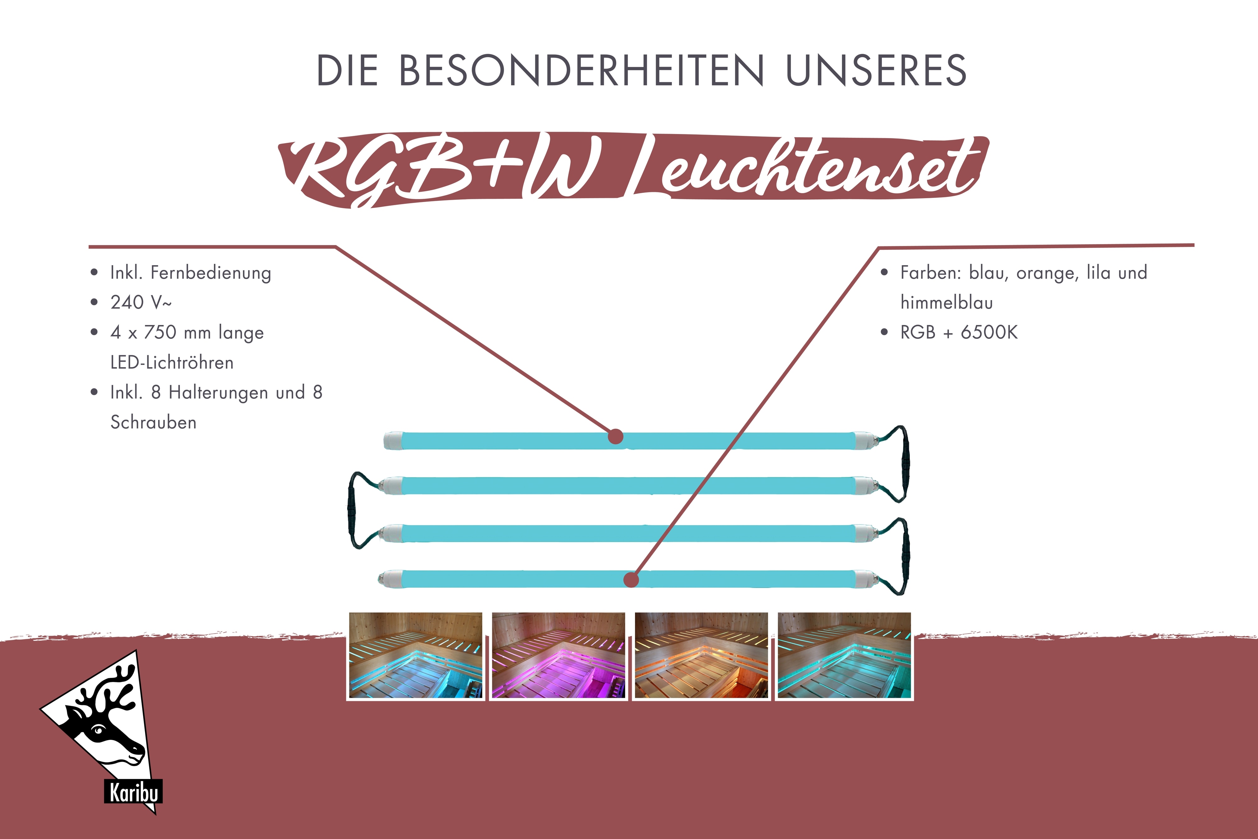 Karibu RGB+W Sauna Leuchten-Set 4 x 750 mm Bankbeleuchtung