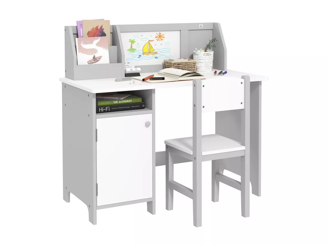 Ensemble table et chaise pour enfant gris avec tableau blanc - bureau pour enfant +5 ans - 90L x 45l x 85H cm