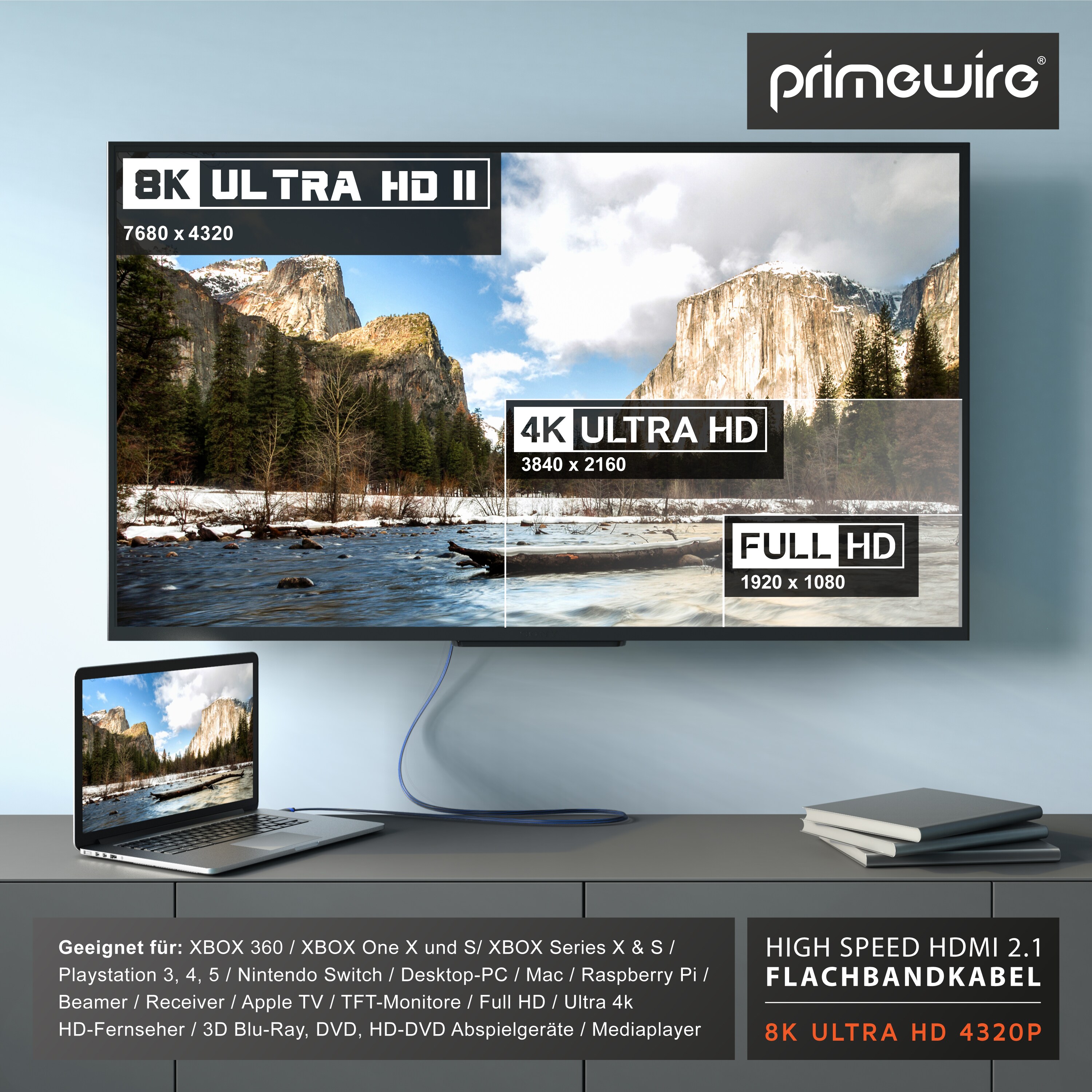 Primewire 8k HDMI Kabel 2.1 - Flachbandkabel Ultra High Speed II Ethernet, 8K UHD II, 3D TV, eARC, HDR10+ 120 Hz mit DSC, 7680 x 4320, Verlegekabel - 0,5m
