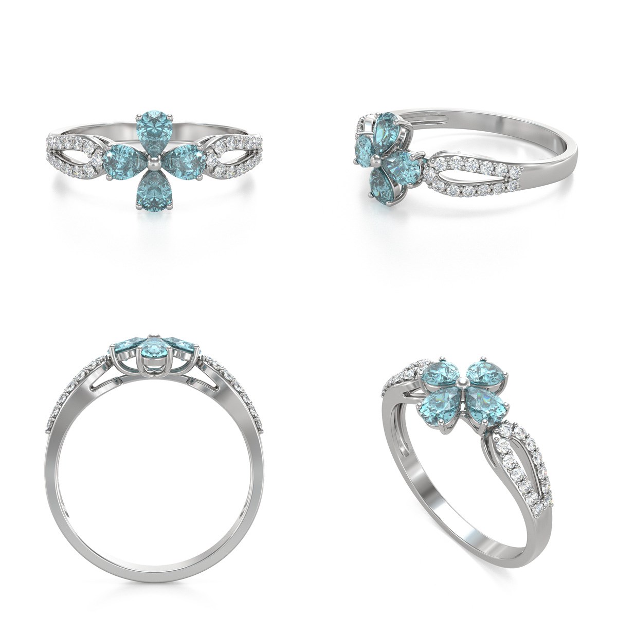 Bague Fleur Aigue-Marine et diamants sur Argent 925 1.95grs