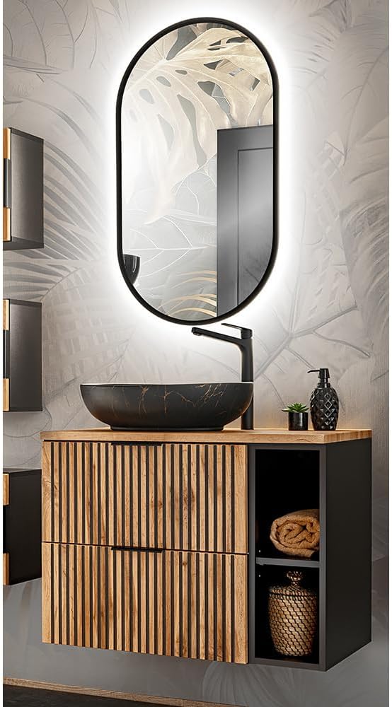 Lomadox Badezimmer Waschplatz Set mit Aufsatzwaschbecken und LED Spiegel in anthrazit mit Eiche Nb. schwarz gerillt, B/H/T: ca. 80,6/200/46,5 cm