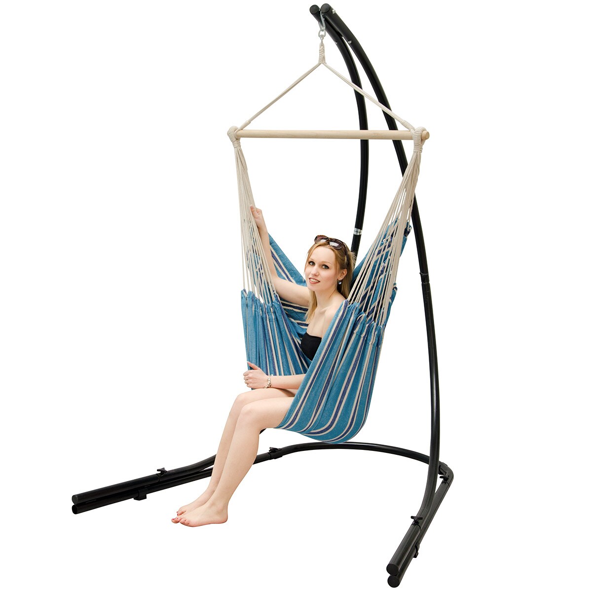 Freistehendes Stahl-Hängestuhlgestell 210cm inkl. XXL Hängesessel aus Baumwolle mit Swivel 185x130cm