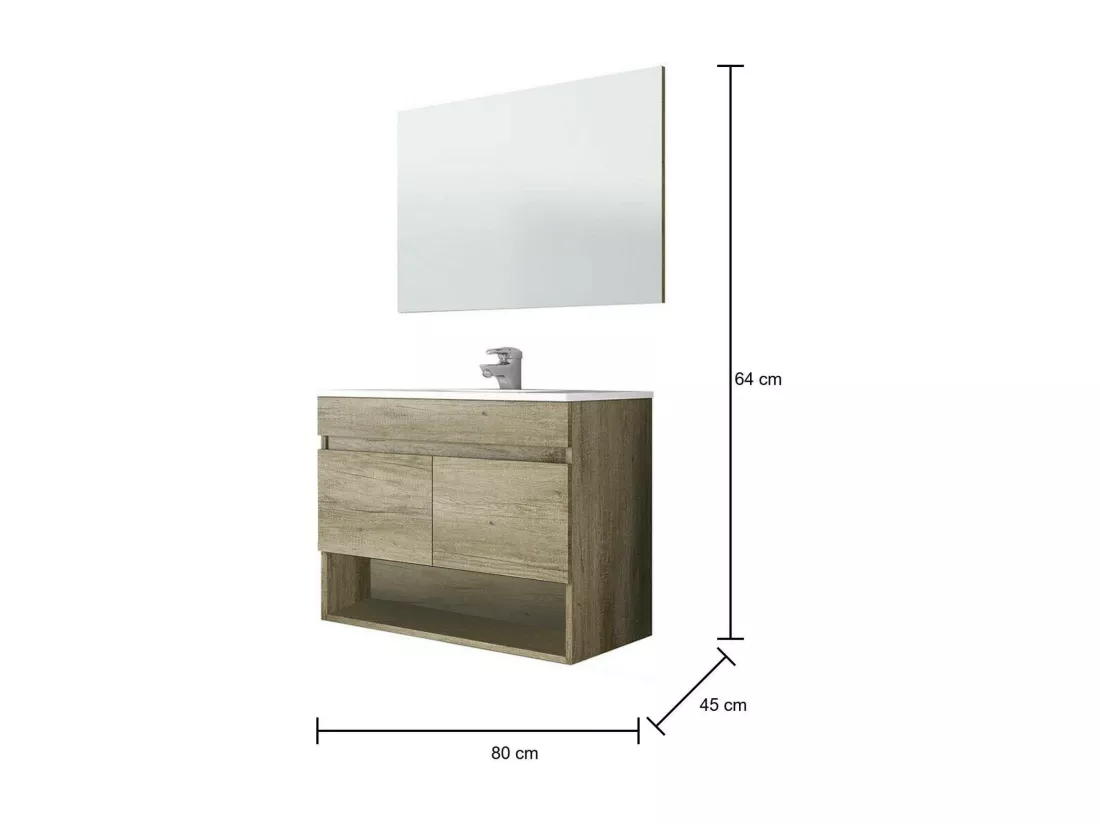 Dmele Meuble sous-vasque, meuble de salle de bain 2 portes, meuble suspendu avec étagère et miroir, évier non inclus, 80 x 45 h 64 cm, chêne