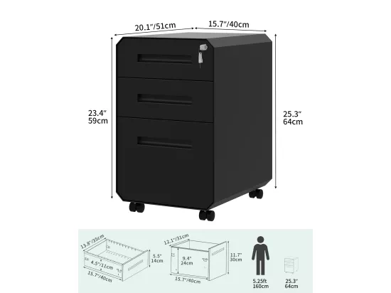 Caisson de Bureau - 3 Tiroirs Métal Caisson de Rangement avec roulettes - Noir - 51 x 40 x 64cm