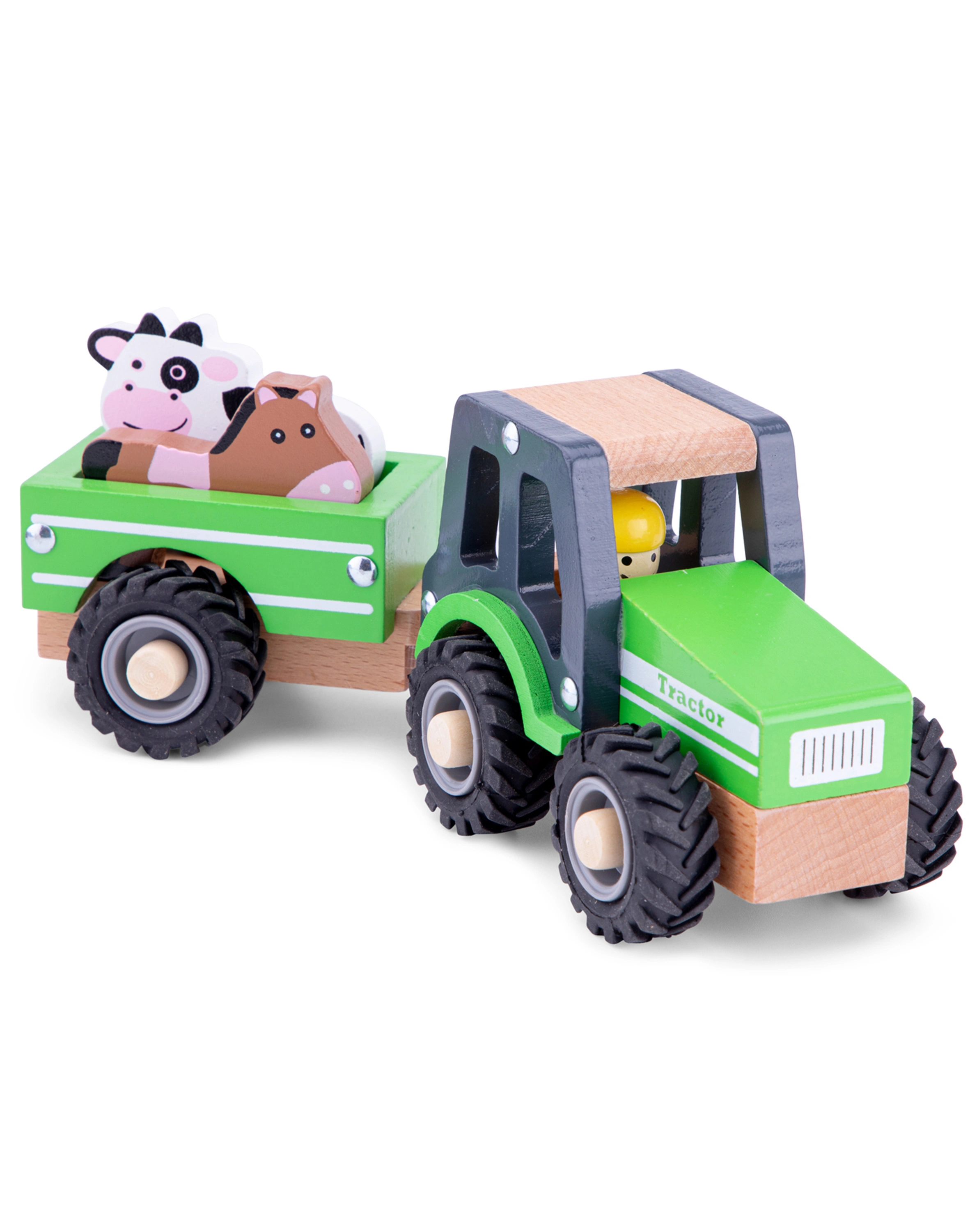 Holz-Traktor mit Anhänger in grün